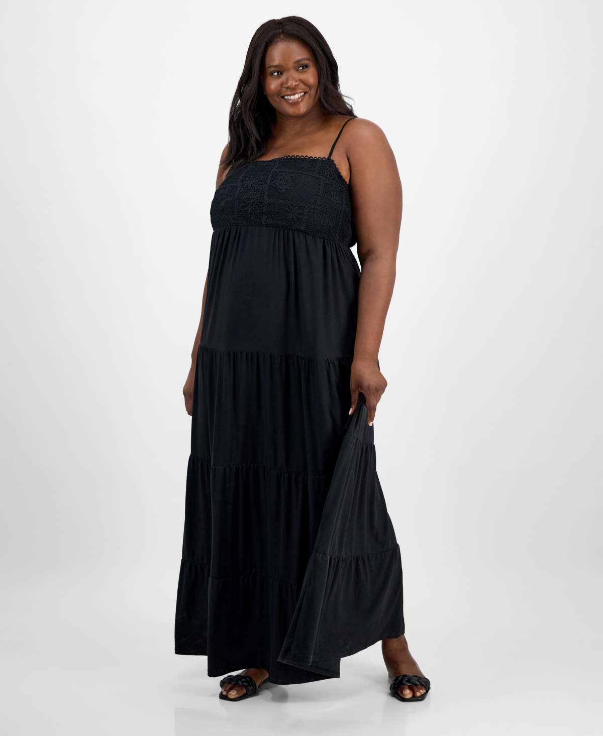 Trendy Plus Size Embroidered Lace Trim Sleeveless Maxi Dress - Black