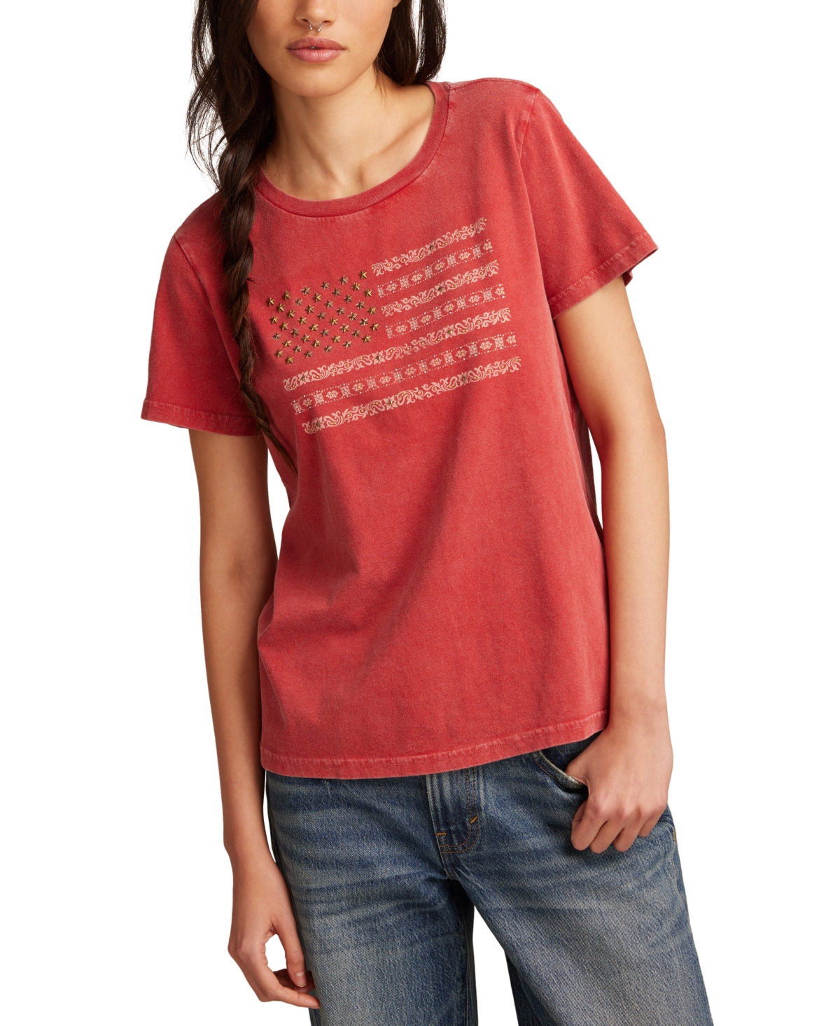 Women's Cotton Studded Flag Crewneck Tee - Samba