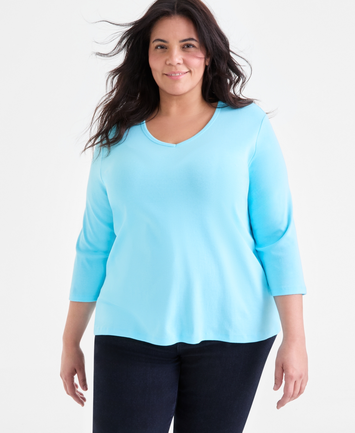 Style & Co Plus Cotton V-Neck 3/4-Sleeve Top, Exclusively at Macy's