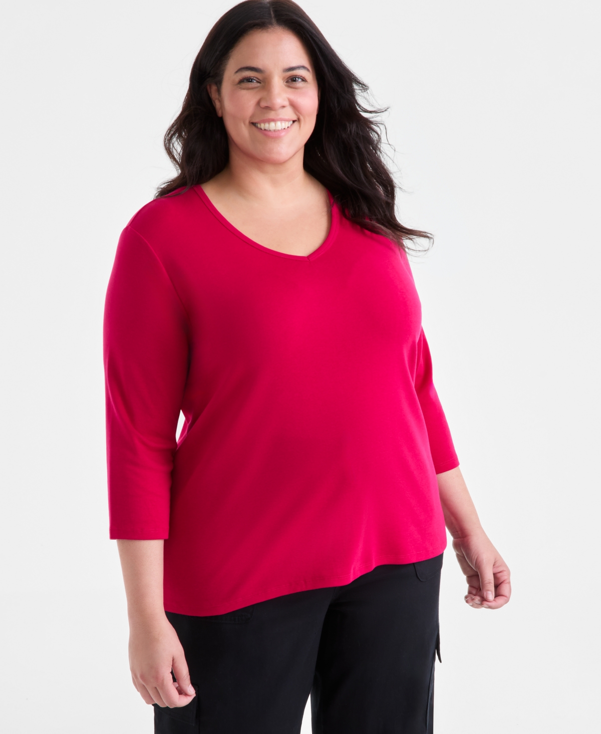 Style & Co Plus Cotton V-Neck 3/4-Sleeve Top, Exclusively at Macy's