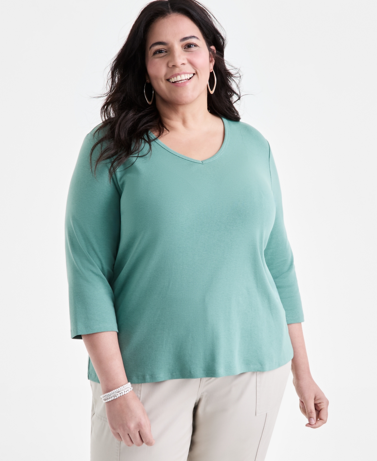 Style & Co Plus Size Cotton V-neck 3/4-sleeve Top, Exclusively At Macy's In Green