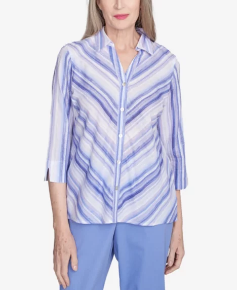 Petite Santa Fe Mitered Iris Stripe Button Down Top - Iris