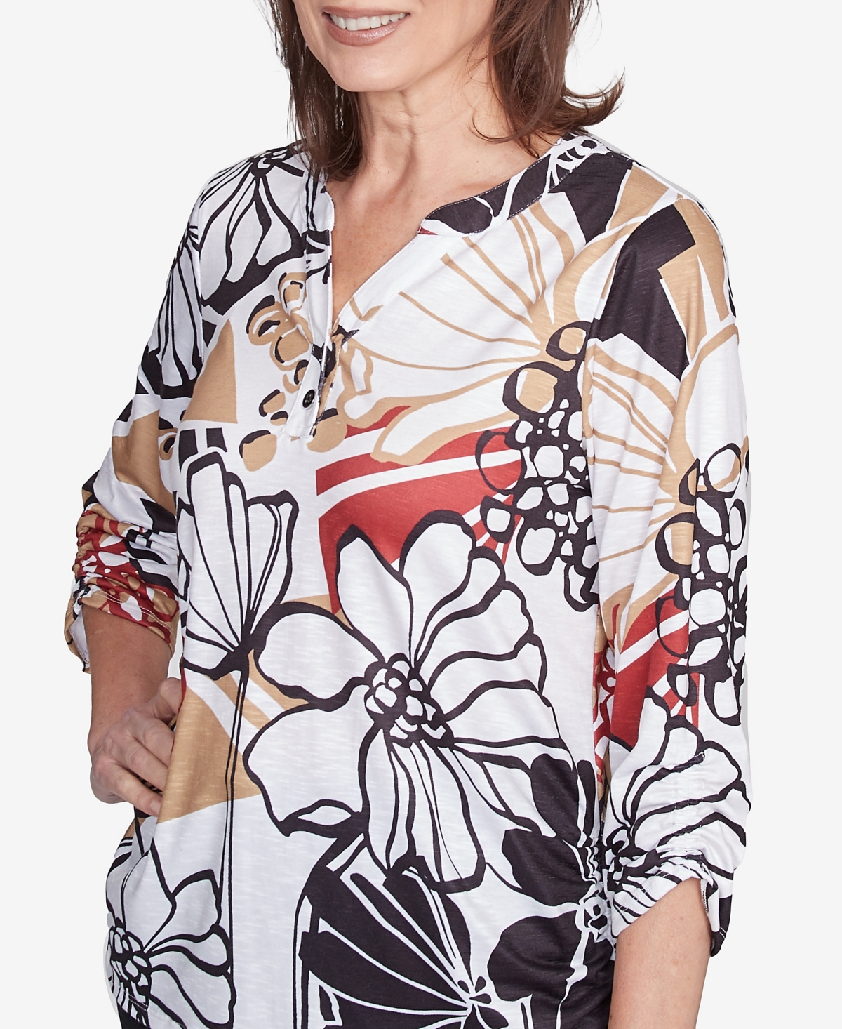 Alfred Dunner Petite Bold Floral Illustrated Henley Top In Neutral Multi