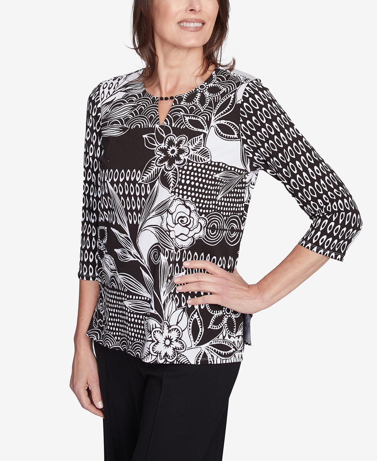 Alfred Dunner Plus Size Natural Instinct Monotone Patch Beaded Split Neck Top In Black