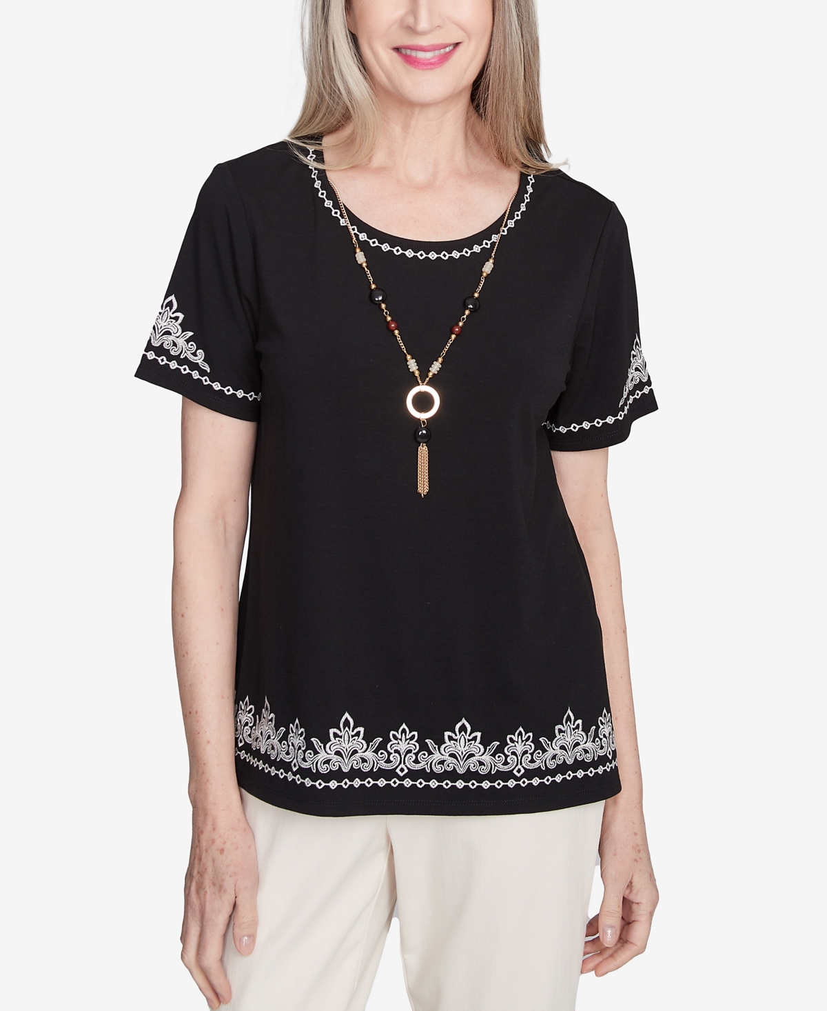 Petite Natural Instinct Embroidered Border Tee With Necklace - Onyx
