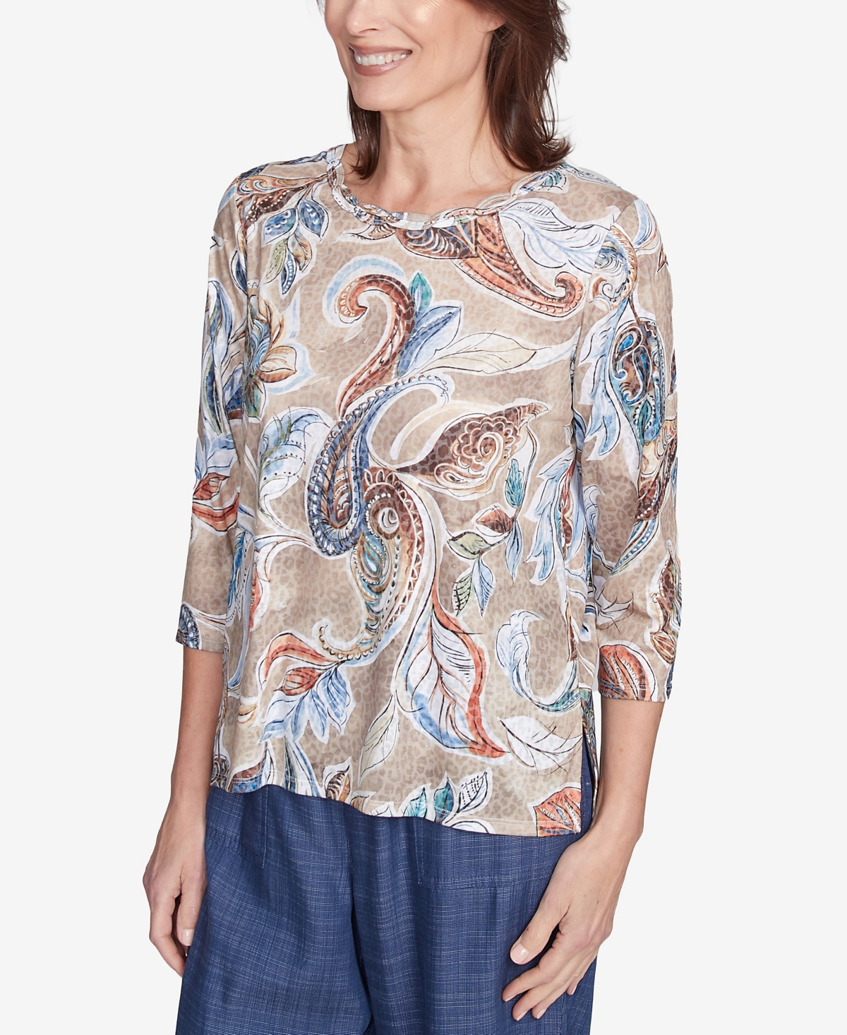 Alfred Dunner Petite Twisted Crew Neck Paisley Top In Neutral