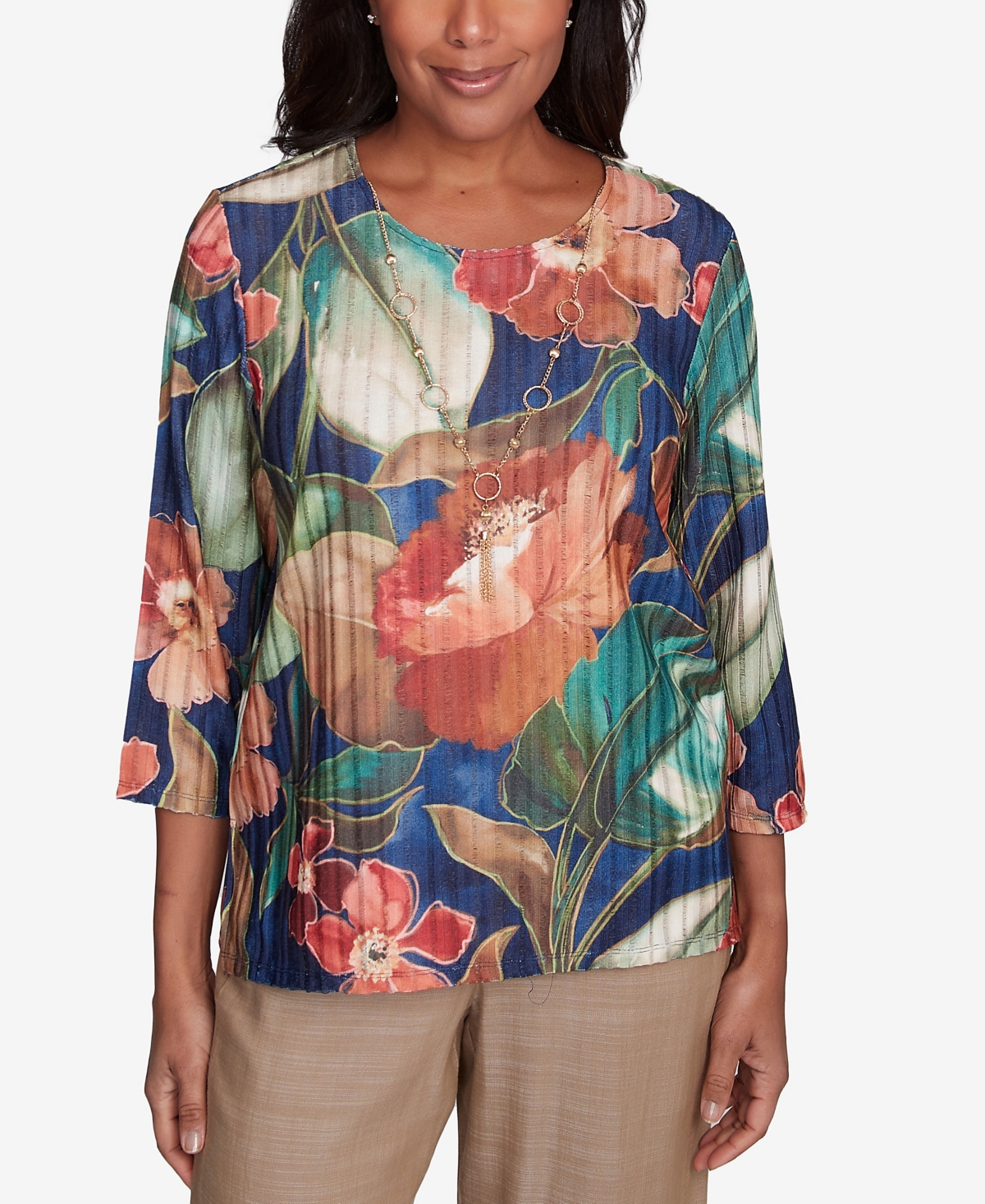 Alfred Dunner Plus Size Summer Solstice Dramatic Summer Floral Top With Necklace In Navy Multi