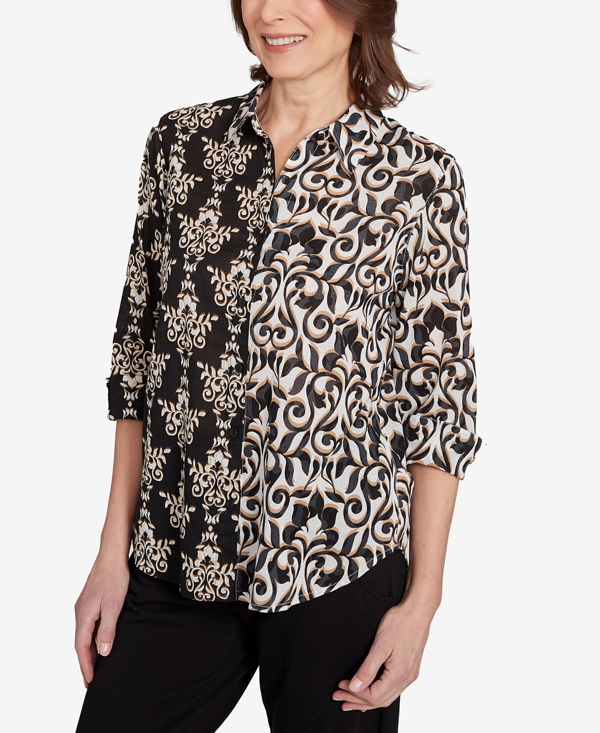 Alfred Dunner Petite Medallion Twin Print Button Front Top In Black Multi