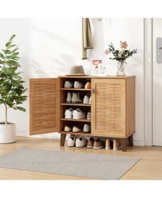 4-Tier Shoe Cabinet with Ventilated Woven Doors – 2-Door Organizer for Home Entryway or Closet