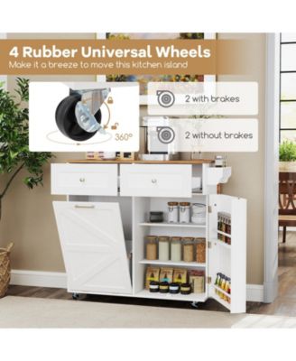 Rolling Kitchen Island with Trash Can Cabinet and Rubber Universal Wheels