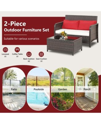 2PCS Patio Rattan Furniture Set Cushioned Loveseat Table Garden Deck