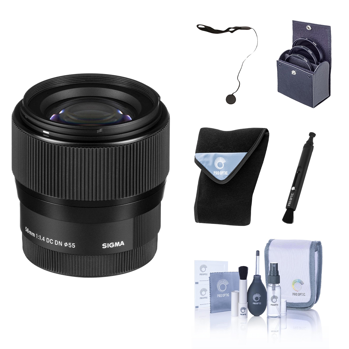 Sigma 56mm f/1.4 Dc Dn Contemporary Lens for L Mount, Bundle with ProOptic 55mm Filter Kit, Lens Cleaner, Cleaning Kit, Lens Cap Tether, Pc Software K