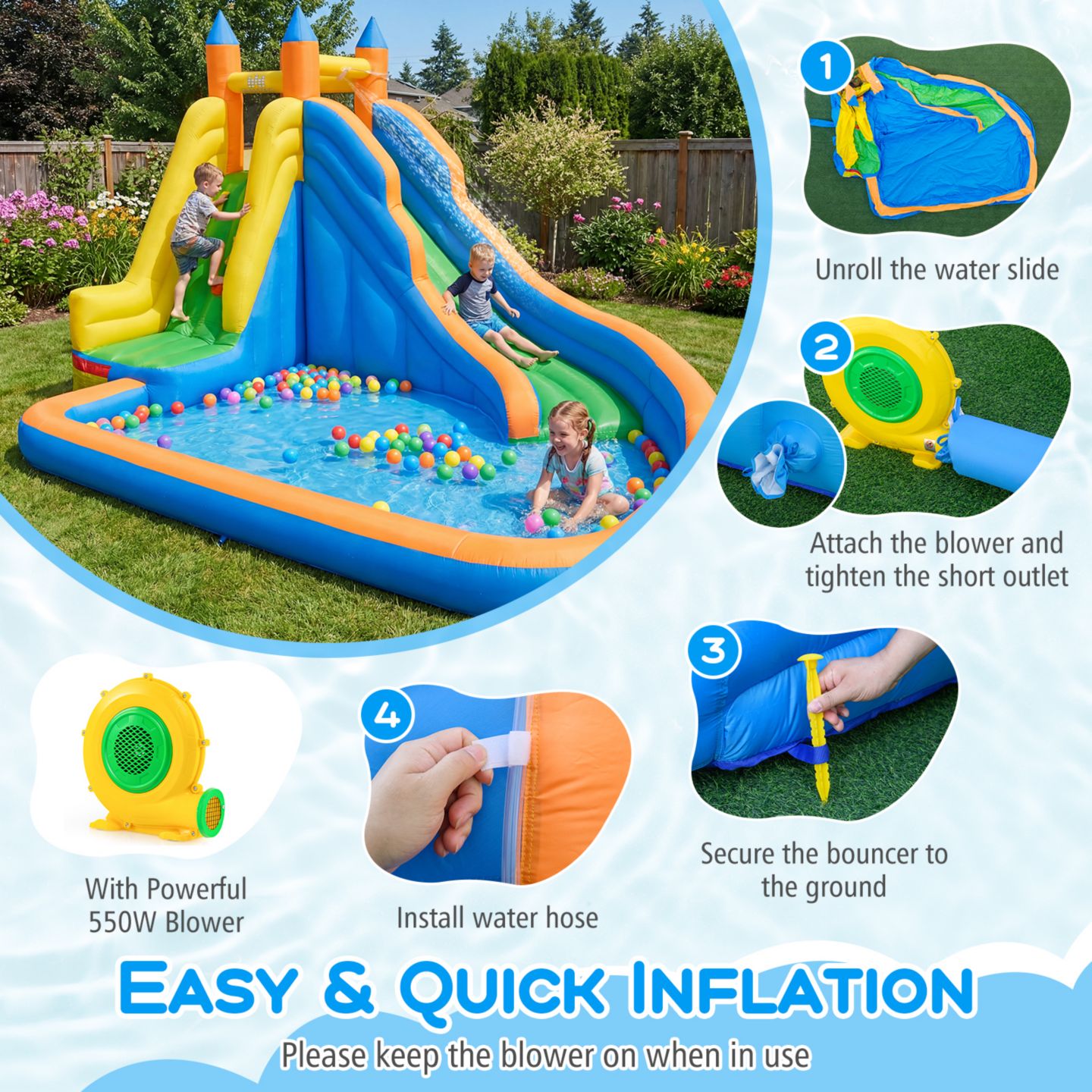 Детская игрушка Costway Mighty 13' x 10' x 8' Oxford Cloth Water Slide Bounce House with Splash Pool, Up to 3 Players, Ages 3-10 — фото 8