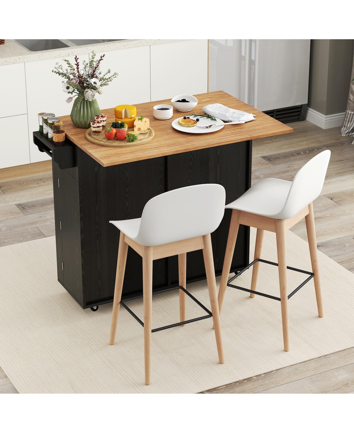 Rolling Kitchen Island with Trash Can Cabinet and Rubber Universal Wheels