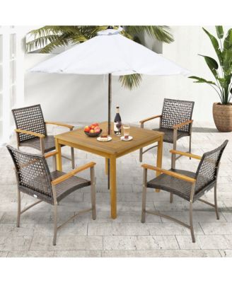 5 PCS Patio Dining Set Acacia Wood Table w/ 1.9'' Umbrella Hole Wicker Armchairs