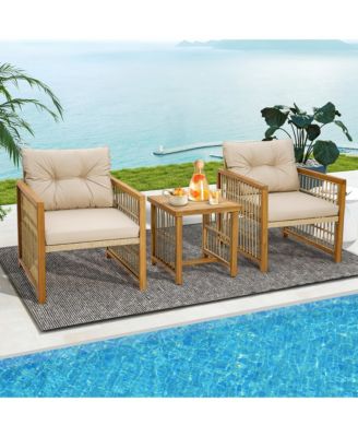 3PCS Patio Acacia Wood PE Wicker Furniture Set w/ Soft Seat & Back Cushions