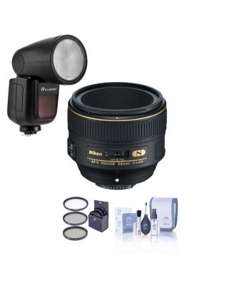 Nikon 58mm f/1.4G AF-S NIKKOR Lens - Bundle       Flashpoint Zoom Li-on X R2 TTL On-Camera Round    Flash Speedlight, 72mm Filter Kit, Cleaning