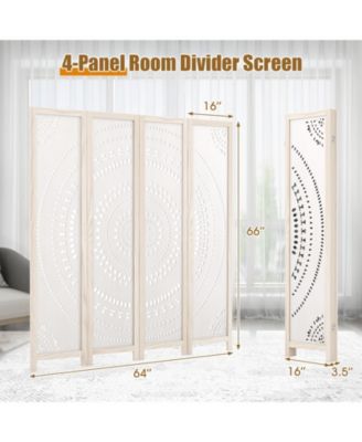 4-Panel Boho Room Divider – Privacy Screen with Detailed Carved Design for Home or Office