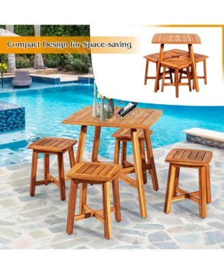 5PCS Acacia Patio Dining Set W/Square Table & 4 Stools Reddish