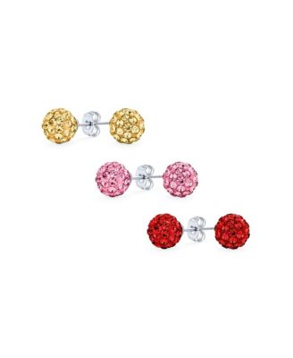 Set Of 3 Elegant Round 8mm Glittering Pave Crystal Disco Ball Stud Earrings .925 Sterling Silver