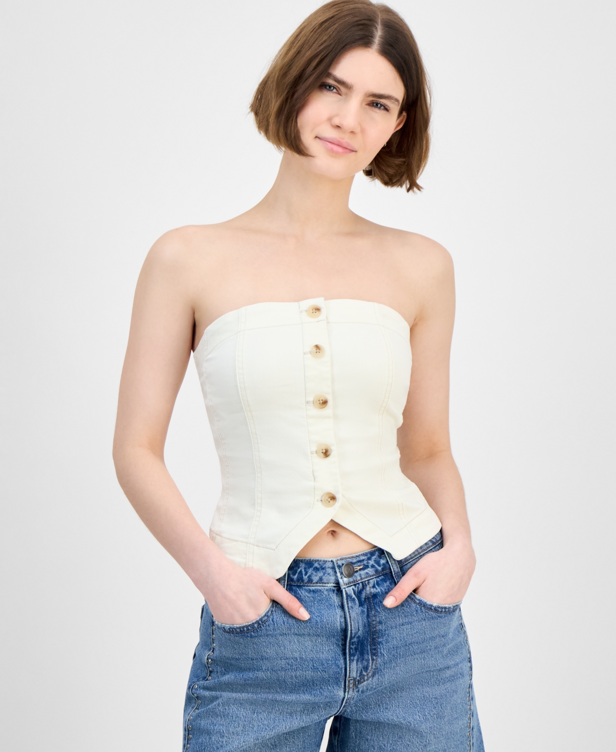 Women's Button-Front Smocked-Back Denim Tube Top, Exclusively at Macy's - Ecru