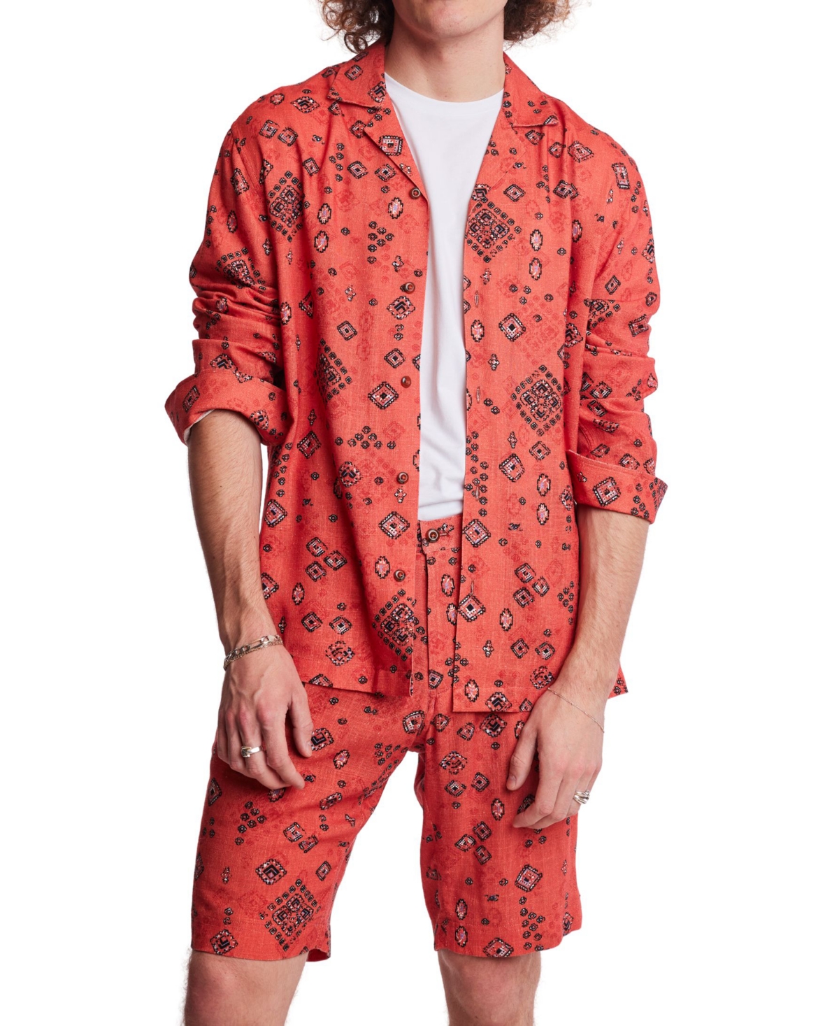 Men's Slim Fit Long Sleeve Printed Button Front Camp Shirt - Marrakesh Orange