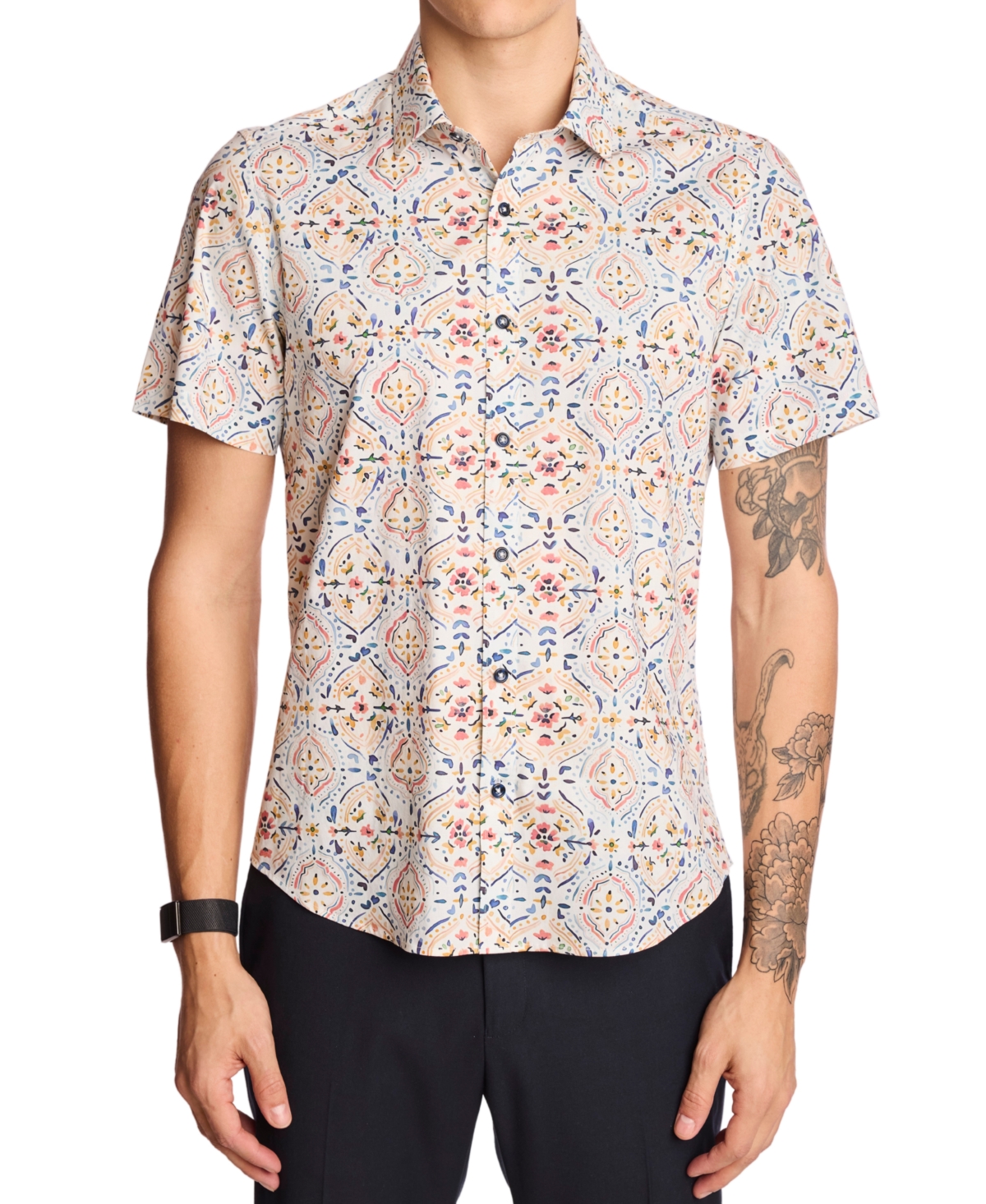 Men's Sawyer Slim Fit Short Sleeve Printed Button-Front Shirt - White Peach Blue Mosaic