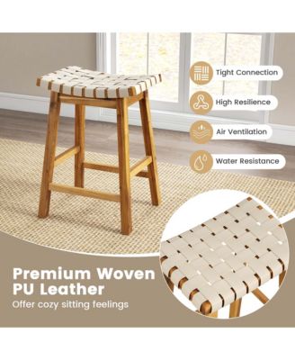 Woven Saddle Stools Set of 2 25.5'' Faux PU Leather Counter Height Kitchen Stool
