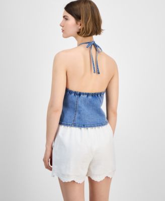 Petite Denim Halter-Neck Seamed Top, Exclusively at Macy's