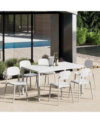 7-Piece Outdoor Rectangular Metal Patio Dining Table Set With Mid-Century Modern Stackable Patio Side Chairs