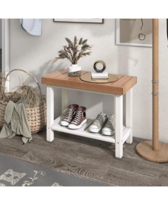 2-Tier HDPE Shower Chair with Storage Shelf and Anti-slip Foot Pads for Bath Spa-Brown