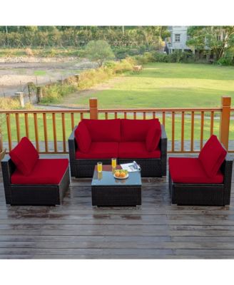 5PCS Patio Rattan Furniture Set Cushioned Sofa Chair Coffee Table