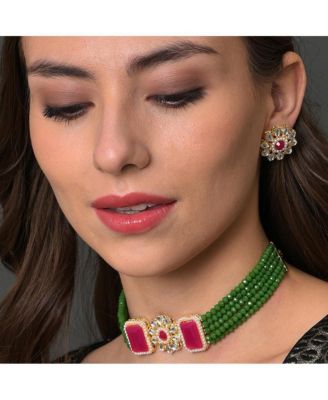 Women's Gold Plated Kundan Beaded Jewellery Set