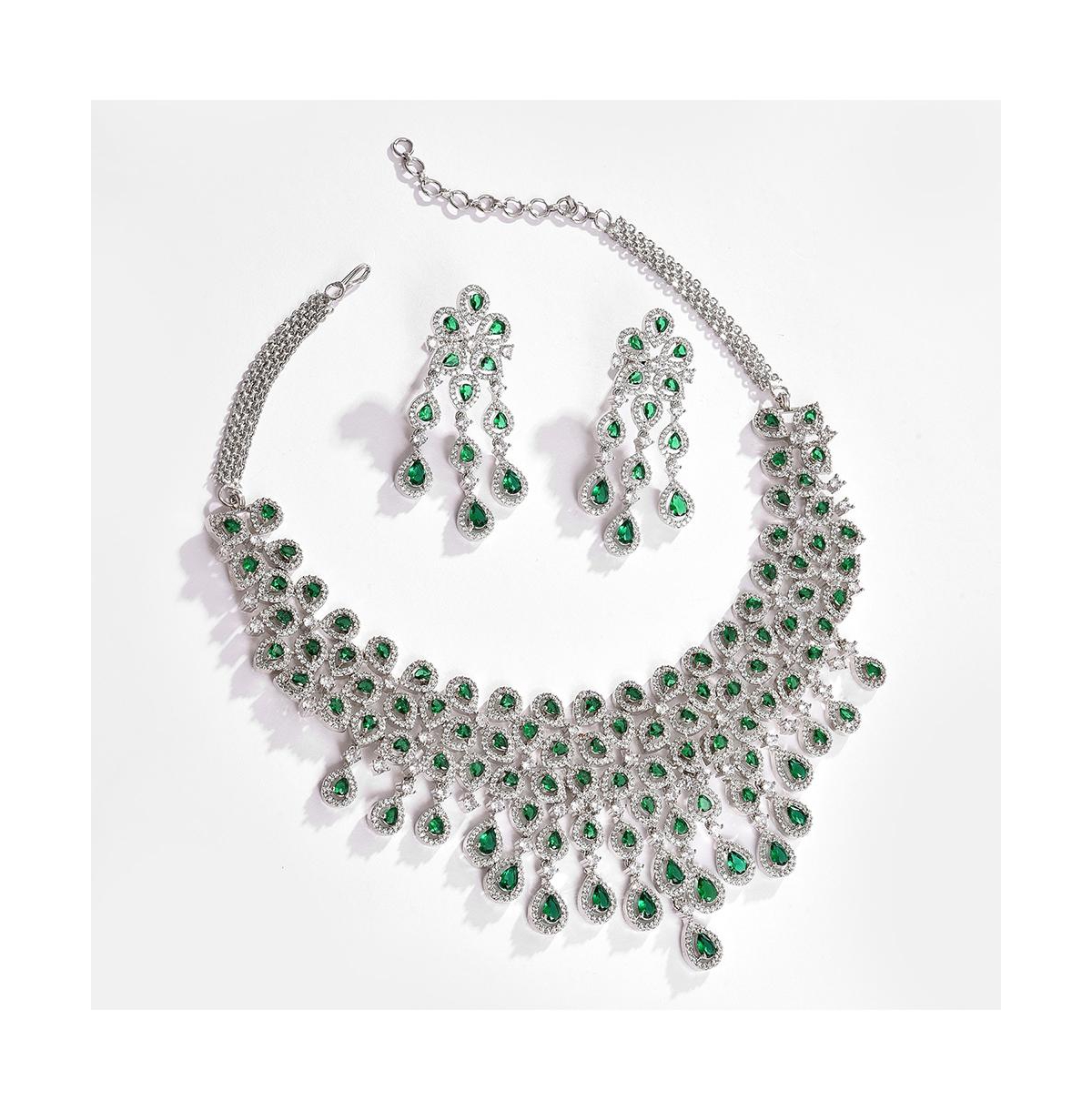 Sohi Women's Silver Plated Designer Stone Jewellery Set In Green