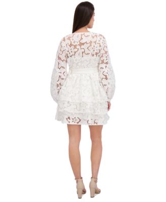 Women's Blouson-Sleeve Tiered Lace A-Line Dress