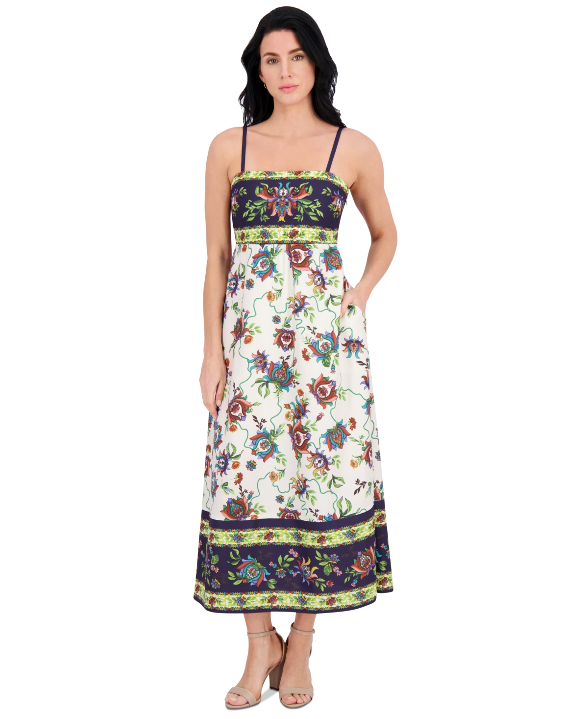 Siena Plus Size Square-neck Border-print Maxi Dress In White