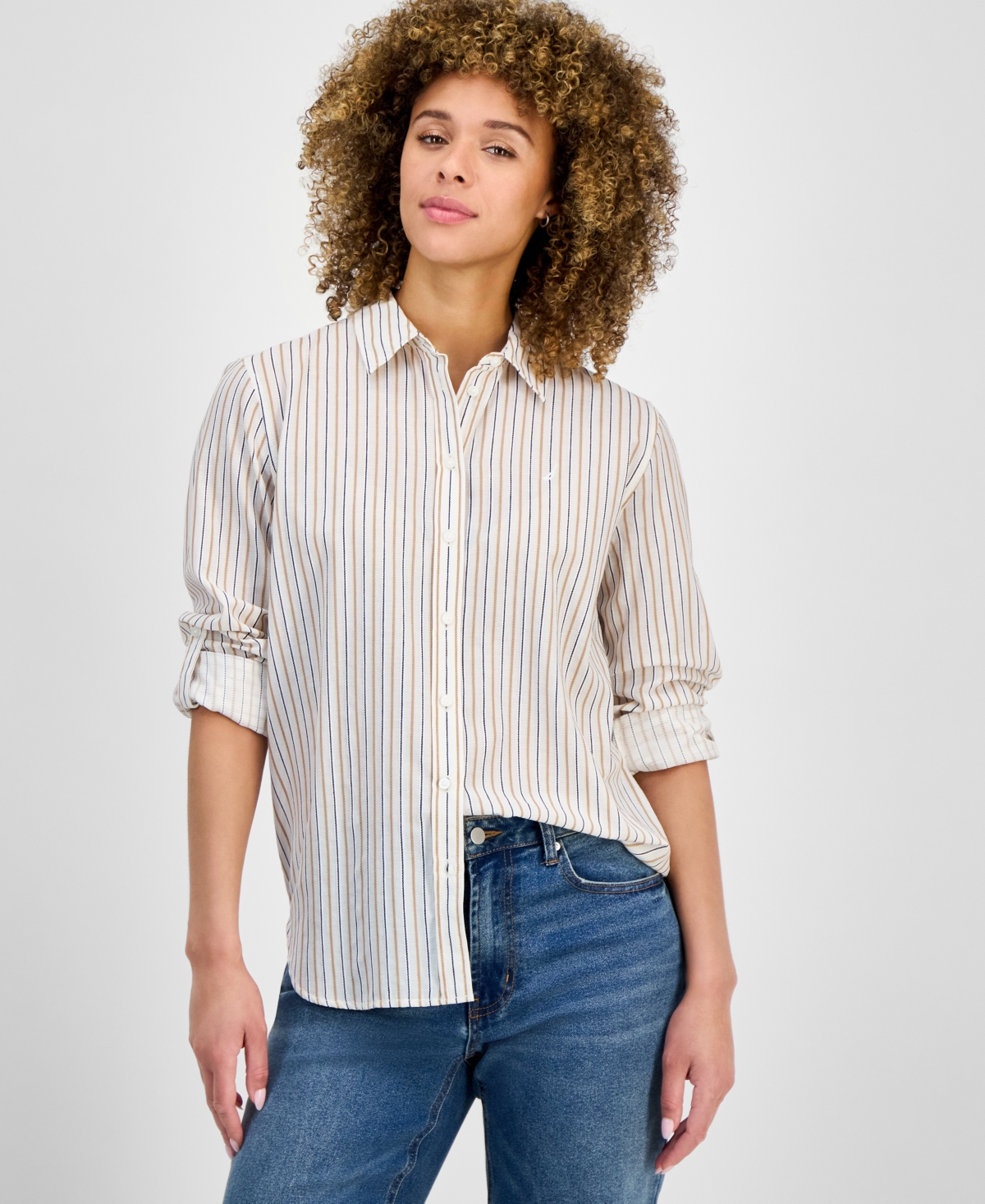 Women's Striped Cotton Button-Front Shirt - Bridal Rose Multi