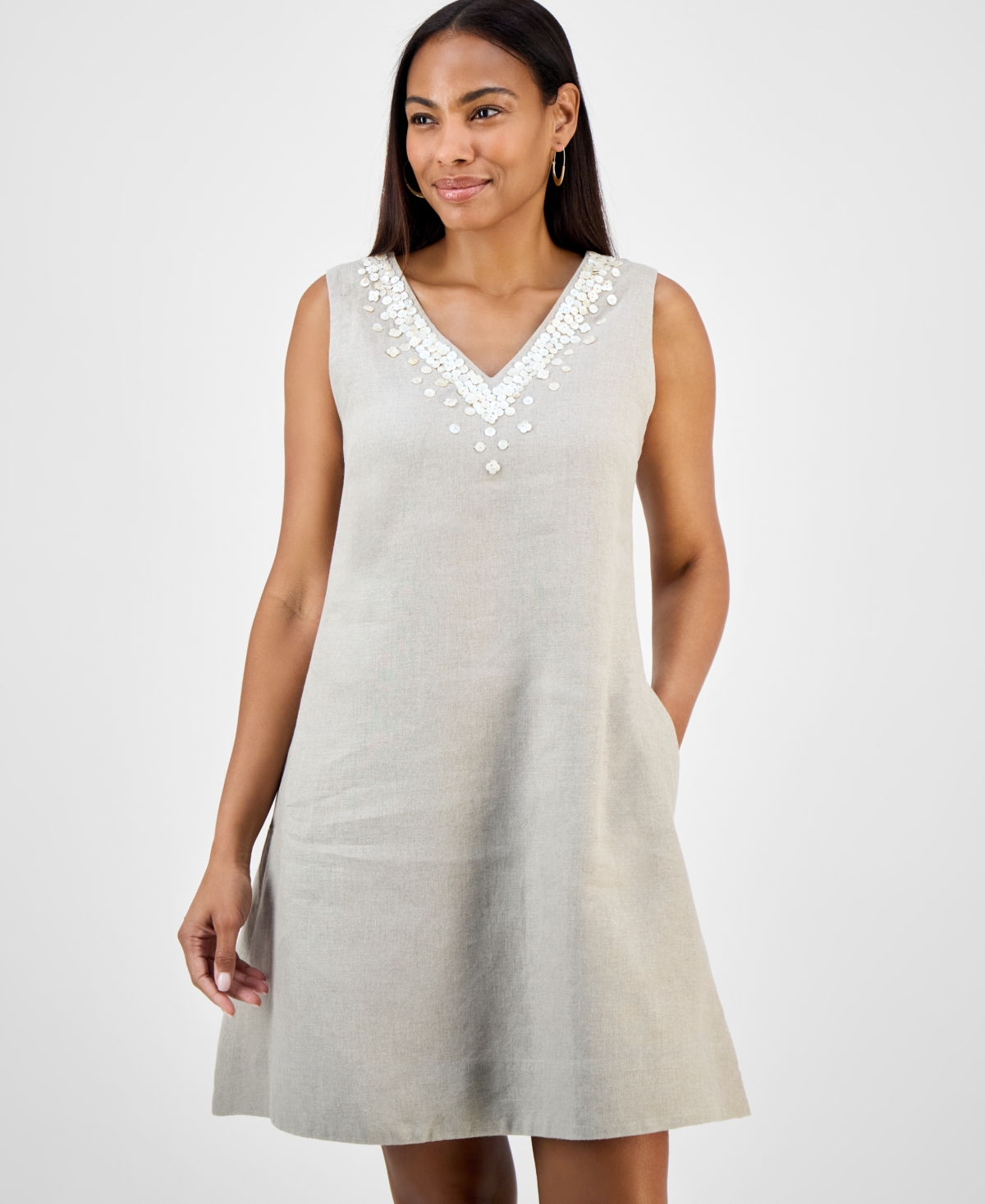 Charter Club Women's Embellished 100% Linen Mini Dress, Exclusively At Macy's