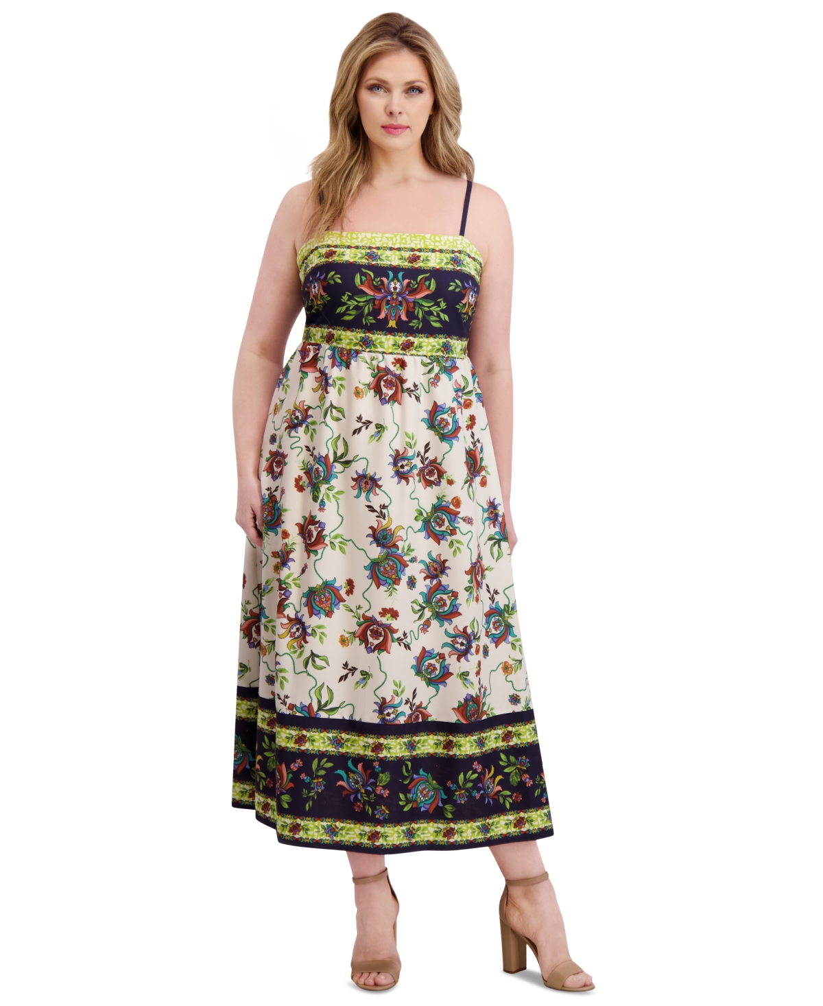 Plus Size Square-Neck Border-Print Maxi Dress - Navy Multi