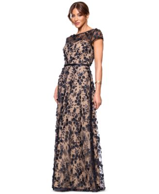 Petite Short-Sleeve Boat-Neck Embellished-Overlay Gown