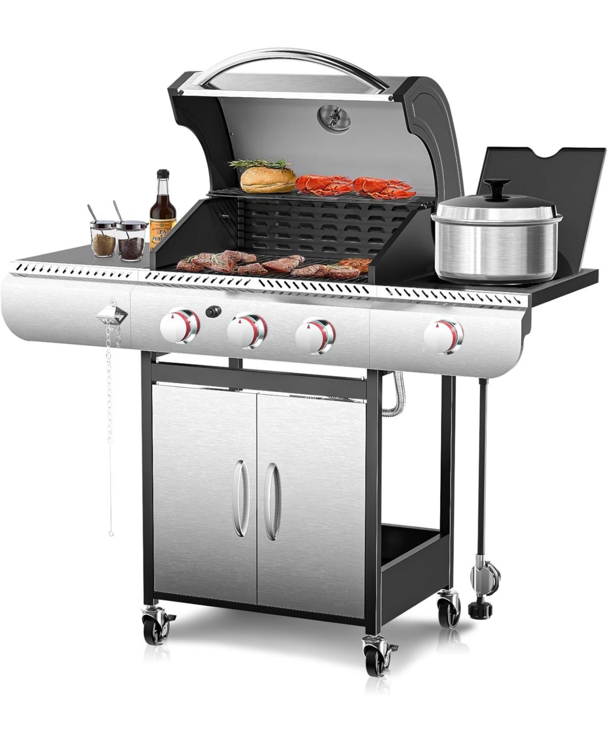 Bbq Gas Propane Grill 3 Burner Cast Iron Flat Grill Griddle Combo with Side Burner Stainless Steel 34000 Btu for Outdoor Cooking Backyard Barbe