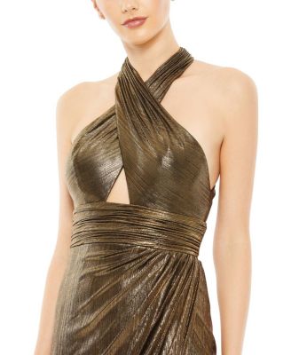 Women's Metallic Criss Cross Halter Neck Gown