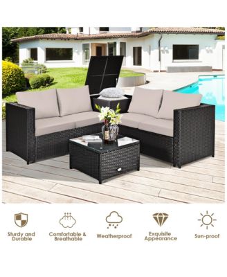 4PCS Outdoor Patio Rattan Furniture Set Cushioned Loveseat Storage Table
