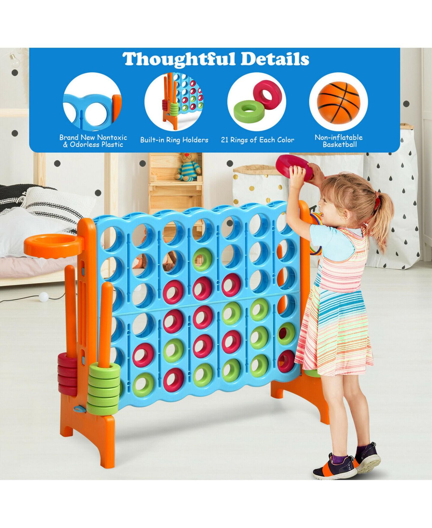 Детские игрушки Gymax 2.5Ft 4-to-Score Giant Game Set Basketball Hoop Ring Game Indoor and Outdoor, цвет: Оранжевый — фото 7