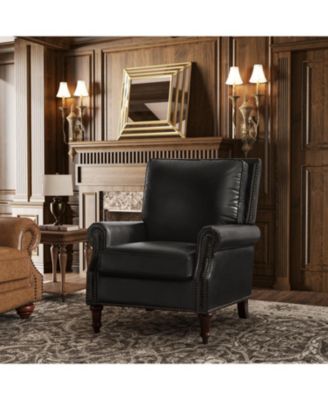 Wajeeh 33"W Mid-Century Modern Buttery Genuine Leather Accent Chair With Solid Wood Legs