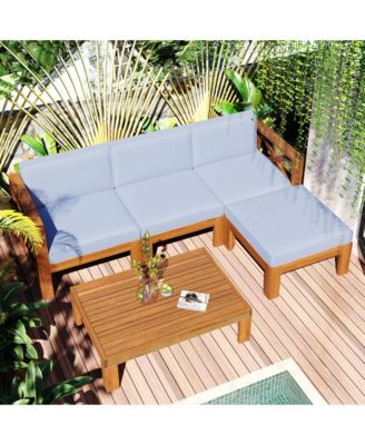 Outdoor Wood 5-Piece Sectional Sofa Seating Group Set with Cushions