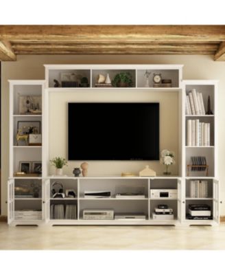 TV stand with top, left and right cabinets, multi-purpose media wooden console, entertainment center with tempered glass