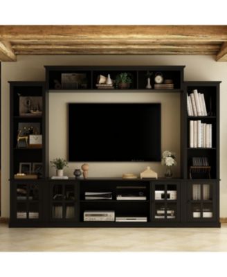 TV stand with top, left and right cabinets, multi-purpose media wooden console, entertainment center with tempered glass