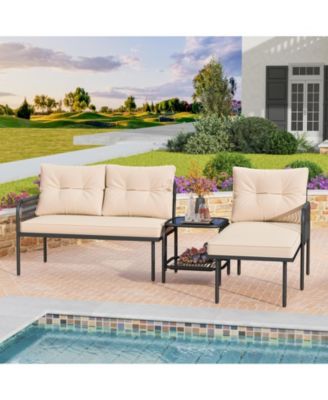 3-Piece L Shaped Patio Furniture Set w/Tempered Glass Table Back & Seat Cushions