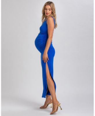 Maternity Sleeveless Side-Ruched Blossom Maxi Split Dress